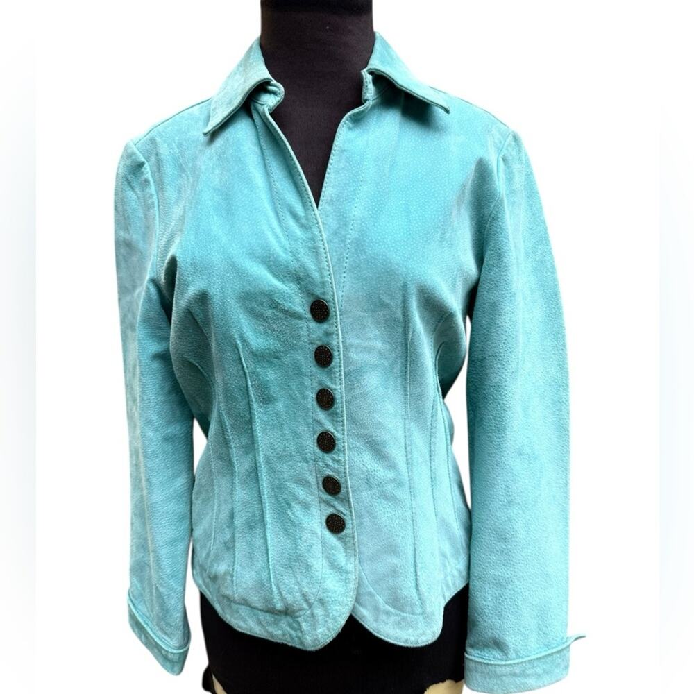 Y2K Aqua Suede Leather Jacket Women’s S Snap Front Fitted Blazer Western Vintage